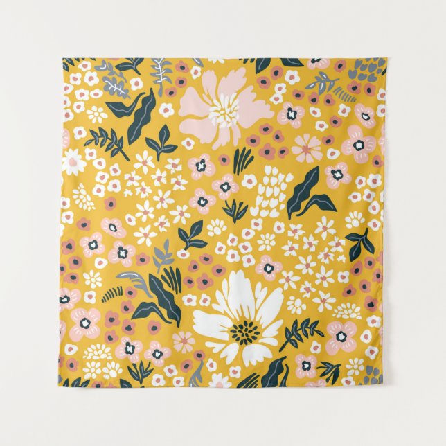 Tapete De Parede Lindas flores de jardim em fundo amarelo. Mar (Frente)