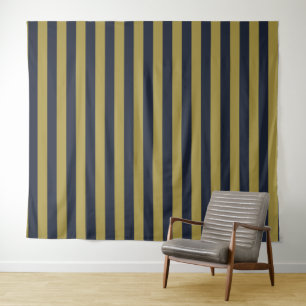Tapete De Parede Listras Verticais Elegantes em Dourado e Azul Mari