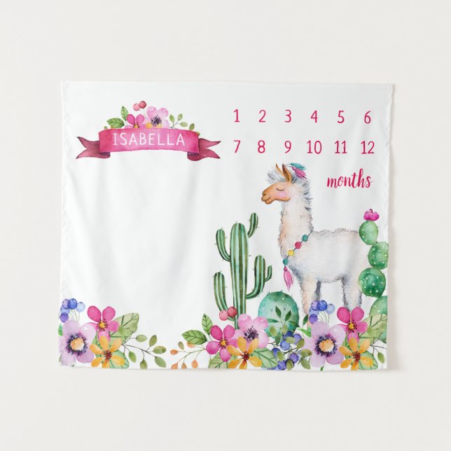 Tapete De Parede Llama e Cactus Floral Baby Name (Frente (Horizontal))