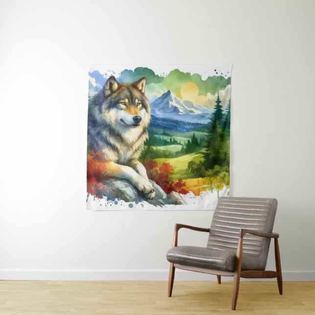 Tapete De Parede Lobo Aquarela Na Natureza (In Situ)