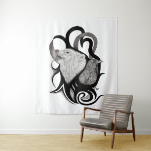 Tapete De Parede Lobo Branco com Arte Tribal Raven