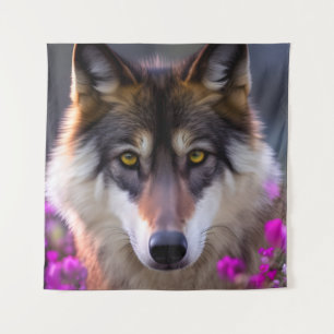 Tapete De Parede Lobo jovem em flores cor-de-rosa fuchsia
