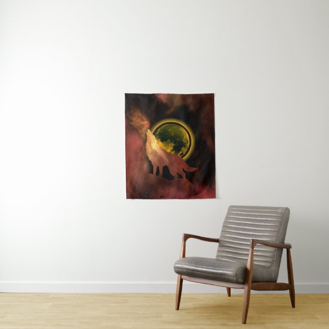 TAPETE DE PAREDE LOBO UIVANDO NO ESPAÇO LUA GALÁXIA   (In Situ)