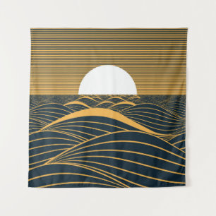 Tapete De Parede Lua-sol estilizada, ilustração do mar escuro.