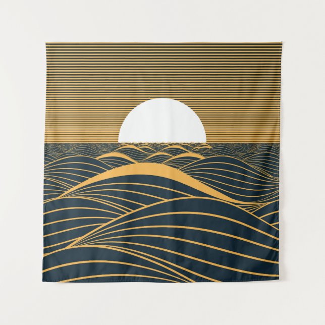Tapete De Parede Lua-sol estilizada, ilustração do mar escuro. (Frente)