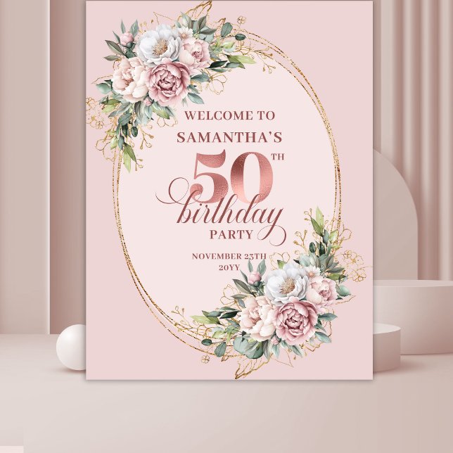 Tapete De Parede Luxe Rose Gold Botânico Faixa de Aniversário de 50 (Luxe Rose Gold Botanical 50th Birthday Party Banner)