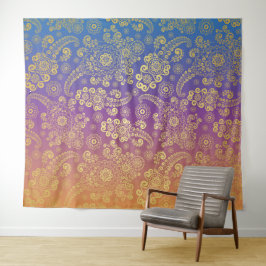 Tapete De Parede Luxo Dourado Paisley em Azul, Roxo e Laranja