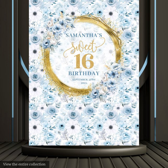 Tapete De Parede Luxo Pastel Azul Doce 16 Fundo Dourado de Largura (Luxury Pastel Blue Sweet 16 Gold Glitter Backdrop Banner)