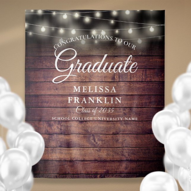 Tapete De Parede Luzes de Corda de Madeira Rústica Fundo de Formatu (Rustic Wood String Lights Graduation Backdrop)