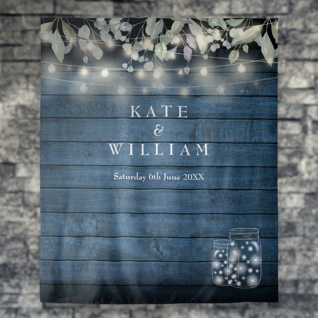 Tapete De Parede Luzes Rústicas em Jarras de Pedra Fundo de Foto (Rustic String Lights Mason Jars Photo Backdrop)