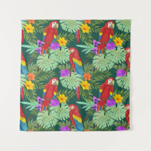Tapete De Parede Macaw e plantas tropicais com palha sem costura de