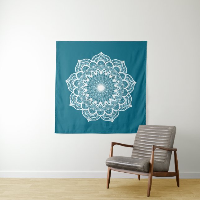 Tapete De Parede Mandala Branco em Fundo Azul (In Situ)