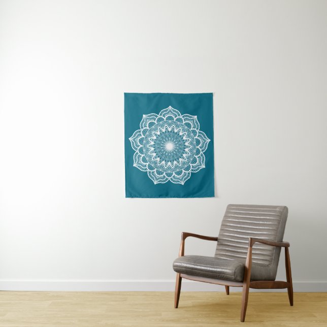 Tapete De Parede Mandala Branco em Fundo Azul (In Situ)