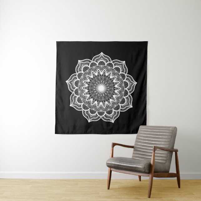 Tapete De Parede Mandala Branco em Fundo Preto (In Situ)