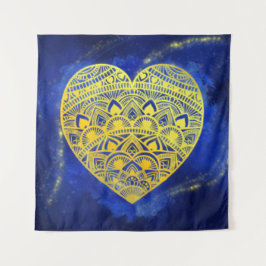 Tapete De Parede Mandala Heart Luminous Dourado e Azul