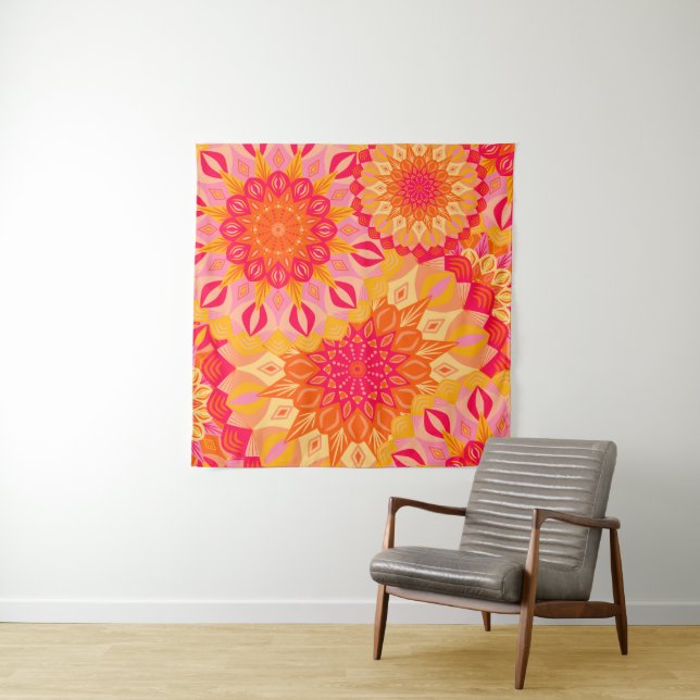 Tapete De Parede Mandala Sobreposta Laranja Rosa Amarelo (In Situ)