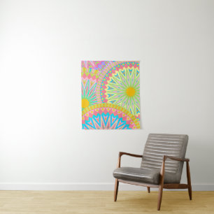 Tapete De Parede Mandala Sobreposta Rosa Azul Amarelo Verde-Menta R