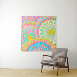 Tapete De Parede Mandala Sobreposta Rosa Azul Amarelo Verde-Menta R