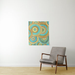 Tapete De Parede Mandala Sobreposto Azul Marrom Dourado
