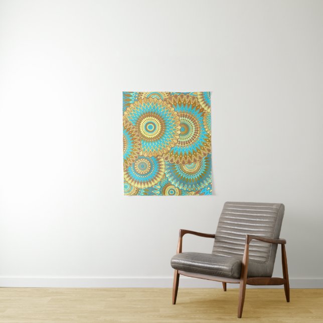 Tapete De Parede Mandala Sobreposto Azul Marrom Dourado (In Situ)