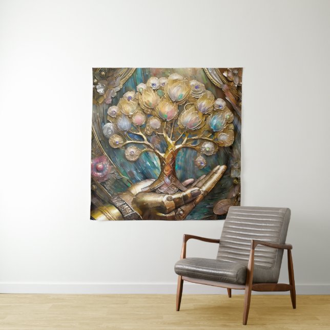 Tapete De Parede Mão Robô ouro Segurando Dourada Árvore De Vida (In Situ)