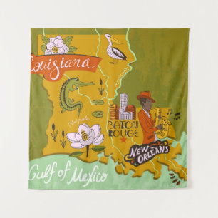 Tapete De Parede Mapa ilustrado da Louisiana, EUA. Viagem e attr