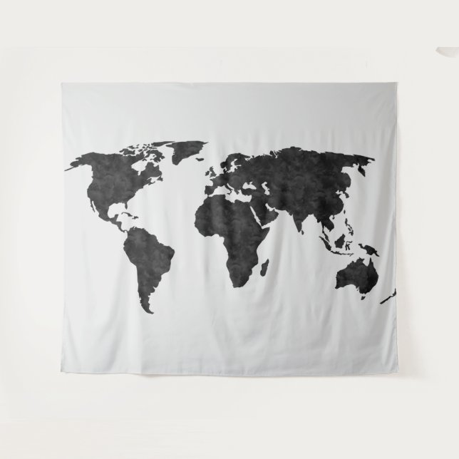 Tapete De Parede  Mapa Mundial de Aquarela Negra em Floresta Cinza (Frente (Horizontal))