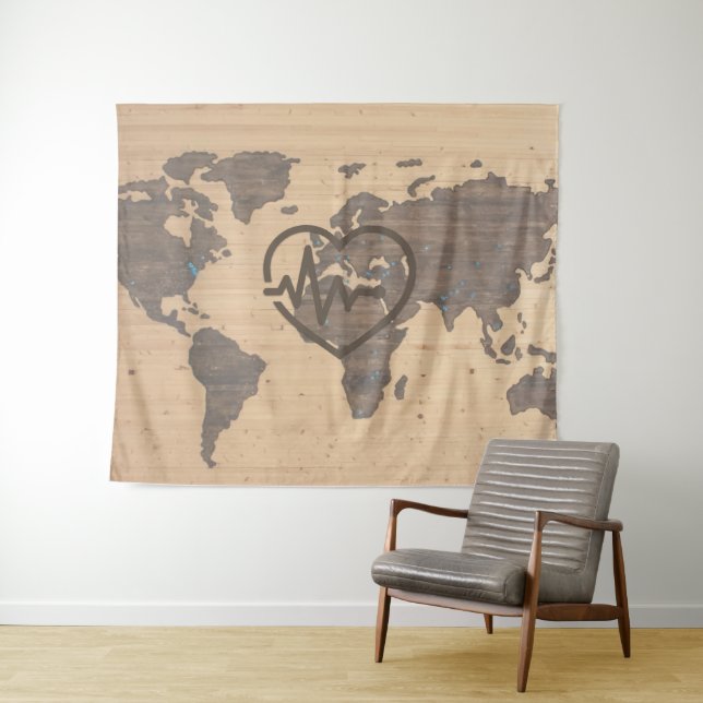 Tapete De Parede Mapa Mundial de Corações de Madeira (In Situ (Horizontal))