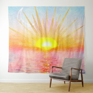 Tapete De Parede  Mar de Aquarela Águas Douradas Dótulos Solares 