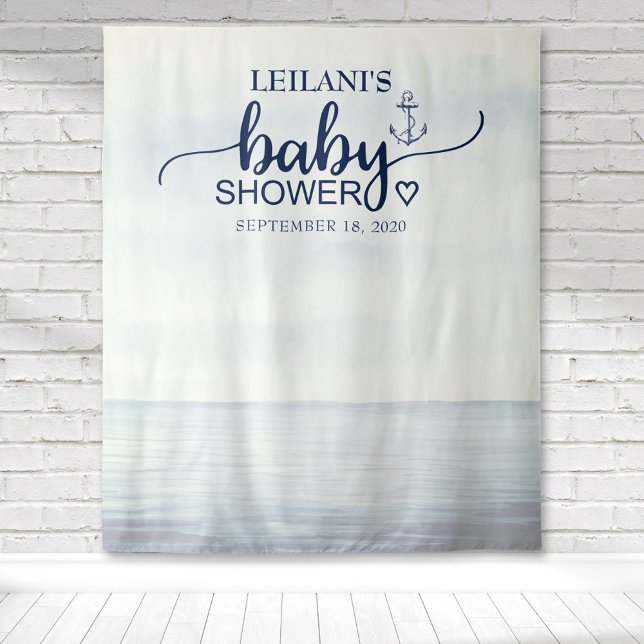 Tapete De Parede Marinha Oceânica Náutica (Watercolor ocean background with an anchor & baby shower typography for a nautical inspired backdrop)