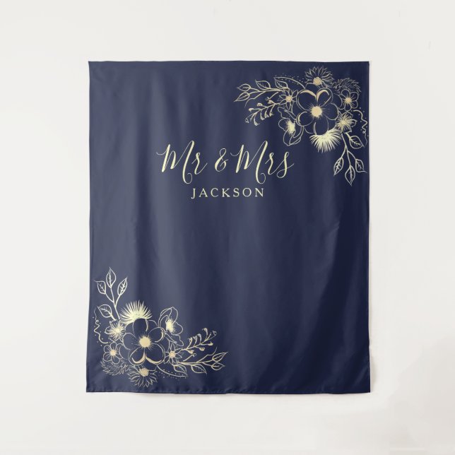 Tapete De Parede Marinho Elegante Blue Mr & Mrs Wedding Backdrop (Frente)