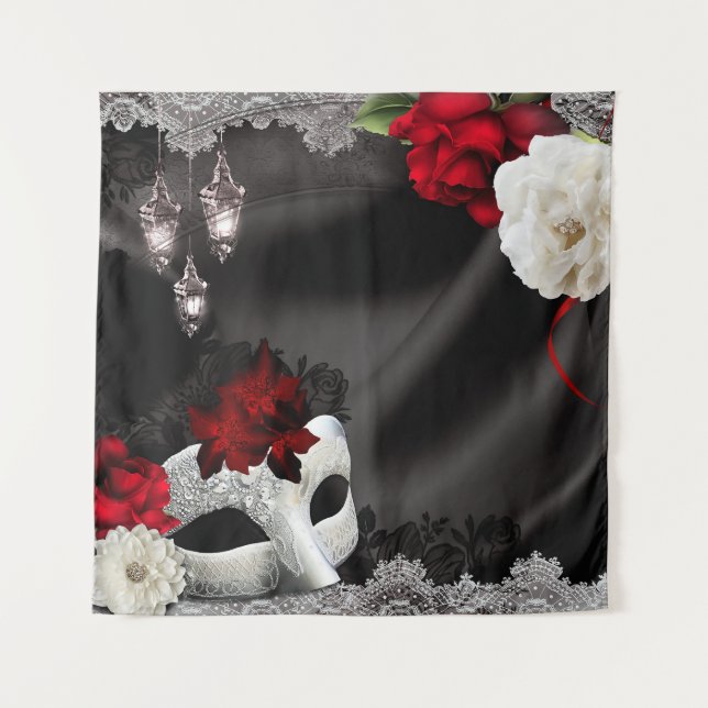 Tapete De Parede Mascarada Black Red Elegante Floral Party Backdrop (Frente)