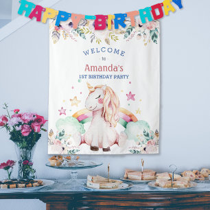 Tapete De Parede Menina Arco-Íris Flor Unicórnio Aniversário Bem-vi