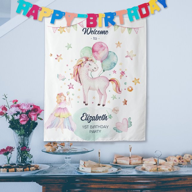 Tapete De Parede Menina Bolo Aniversário Unicórnio Balão Fada Paste (Pastel Fairy Balloon Unicorn Girl Birthday Welcome Tapestry)