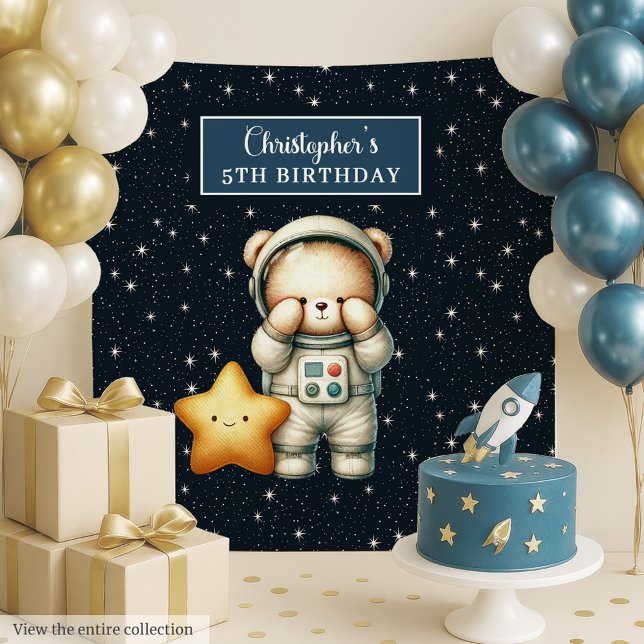 Tapete De Parede Meninos de proteção de aniversário de ursos de pel (Cute Astronaut Teddy Bear Birthday Backdrop Boys)