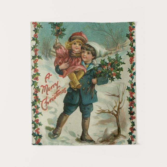 Tapete De Parede Merry Christmas - retro postcard, children, holly (Frente)