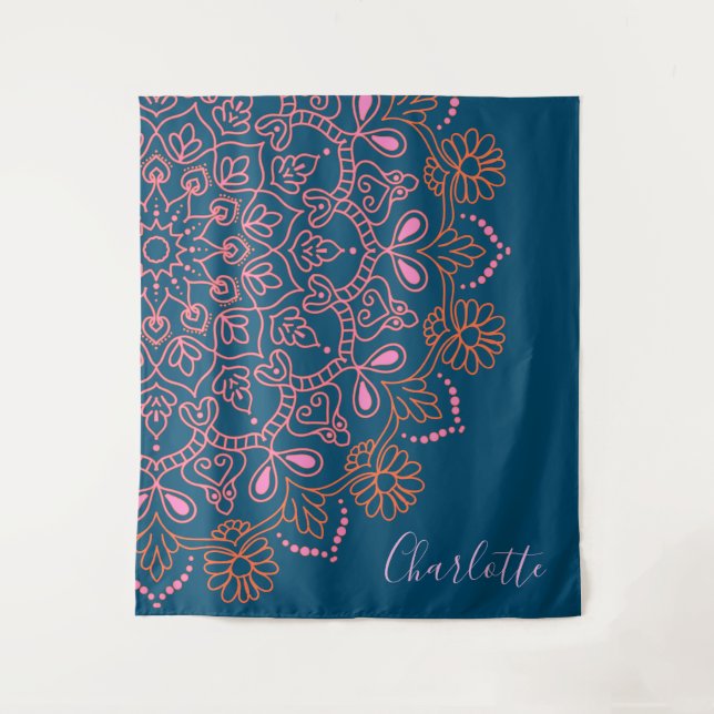 Tapete De Parede Modern Boho Mandala Medallion Teal Script Name (Frente)