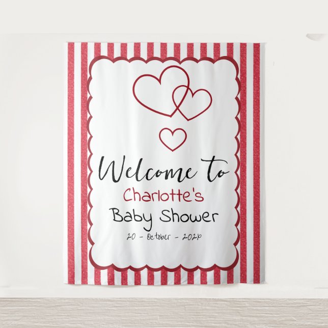 Tapete De Parede Modern Red Chalk Stripes Triple Hearts Baby Shower (Frente)