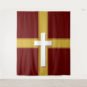 Tapete De Parede Moderno Cruz Branca em Dourado e Burgundy