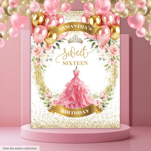 Tapete De Parede Moderno Doce Dezesseis Backdrop Esmagam Balões Dou (Modern Sweet Sixteen Backdrop Blush Gold Balloons)