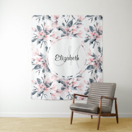 Tapete De Parede Monograma de Padrão Flor de Aquarela Rosa e Cinza