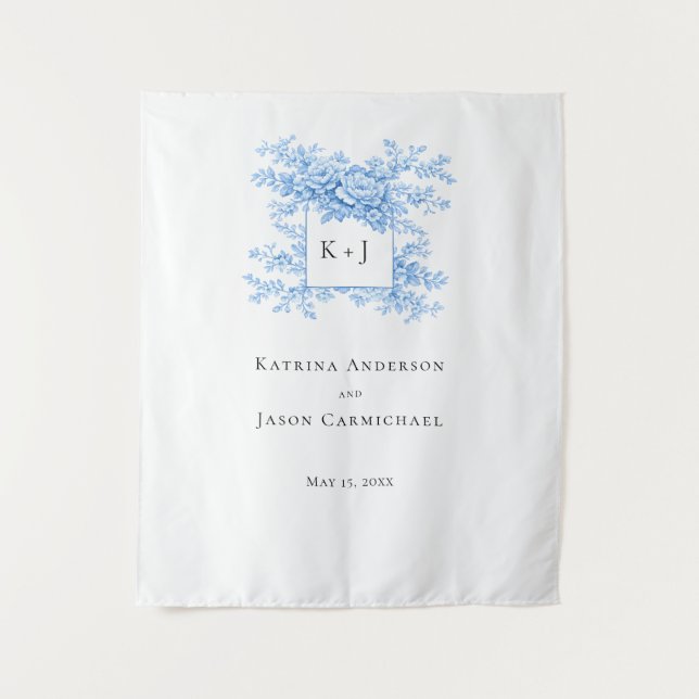 Tapete De Parede Monograma Floral de Casamento em Chinoiserie Elega (Frente)