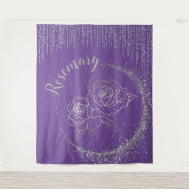 Tapete De Parede Monograma Nome Silver Glitter e Rosas em roxo |