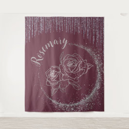 Tapete De Parede Monograma Nome Silver Glitter e Rosas no burgundy