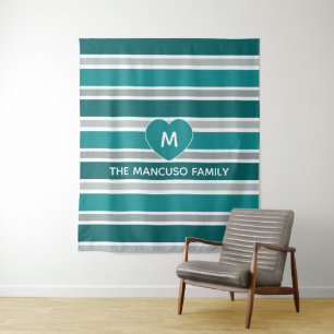 Tapete De Parede Monograma personalizado de stripes & coração e tap