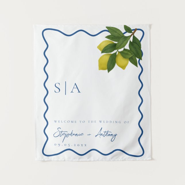 Tapete De Parede Monograms Lemon Citrus, Blue Wave Border Wedding   (Frente)