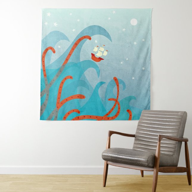 Tapete De Parede Monstro do Mar do Navio à Vela (Sailing boat sea monster giant squid tapestry)