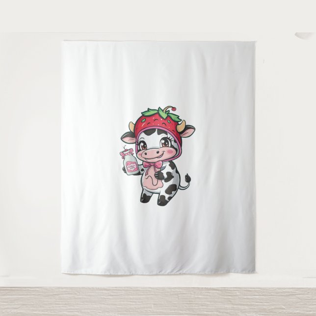 Tapete De Parede Morango Vaca Kawaii Anime Morango Leite _2 (Frente)