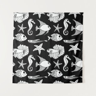 Tapete De Parede Motif De Peixe: Padrão Branco Preto.