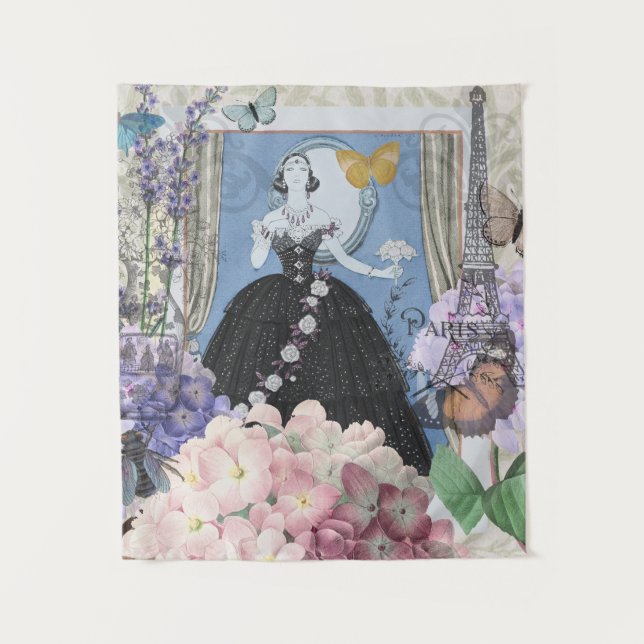 Tapete De Parede Mulher Azul Elegante Vestido Floral Chique  (Frente)